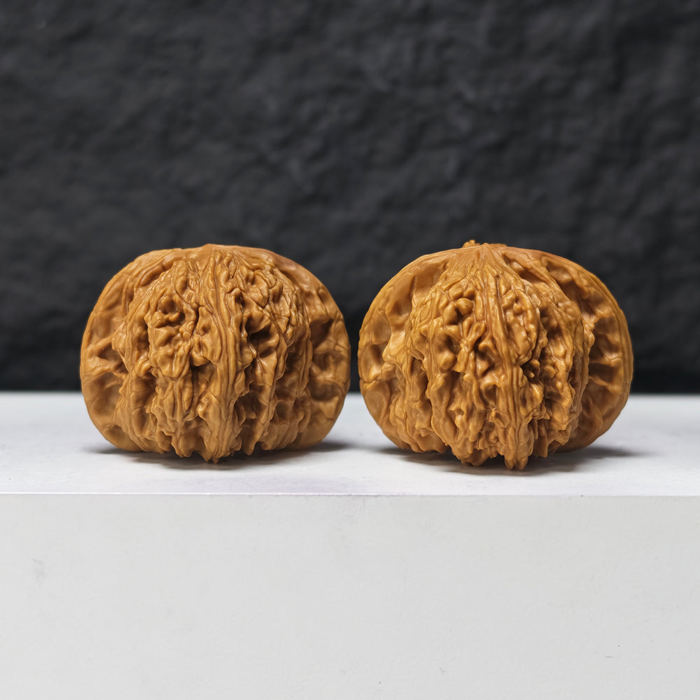 "Dense-Texture Concave Base Ruby" Mi Wen Ao Di Hong Bao Shi HBS-SS-001904 Masterpiece Wenwan Walnuts Pair | 43.0mm x 44.0mm | HBS-SS-001904
