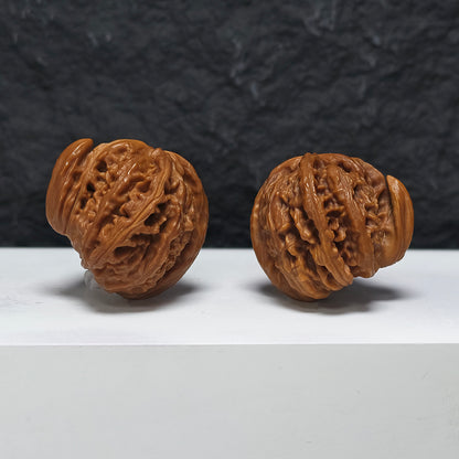 "White Lion Head Rhino Horn Looking at the Moon Three-Ridge" San Leng Xi Niu Jiao Bai Shi Zi (Xi Niu Wang Yue) YX-E-121825 Collector Wenwan Walnuts Pair | 42.0mm x 43.0mm | YX-E-121825