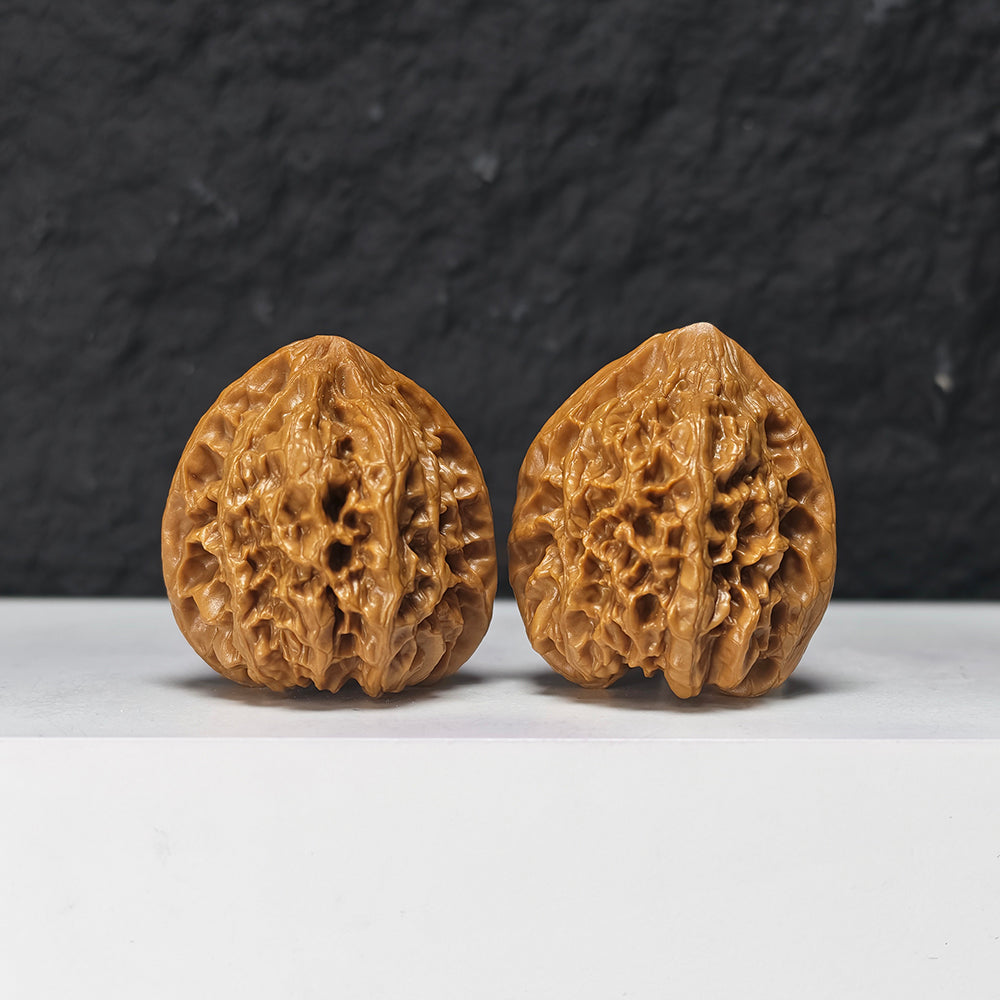 "Peach Heart Concave Base Wild Bison Lion Head" Tao Xin Ao Di Ye Niu Collector Wenwan Walnuts Pair | 38.0mm x 36.0mm | SZ-S-047971
