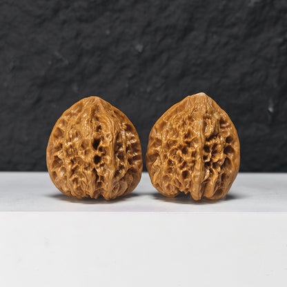 "Peach Heart Concave Base Wild Bison Lion Head" Tao Xin Ao Di Ye Niu Collector Wenwan Walnuts Pair | 38.0mm x 36.0mm | SZ-S-047971