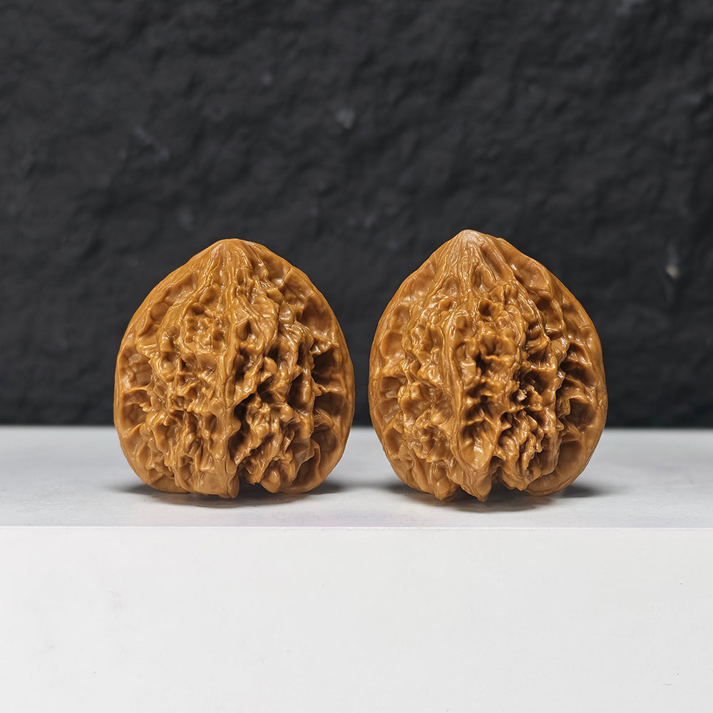 "Peach Heart Concave Base Wild Bison Lion Head" Tao Xin Ao Di Ye Niu Collector Wenwan Walnuts Pair | 38.0mm x 36.0mm | SZ-S-047971