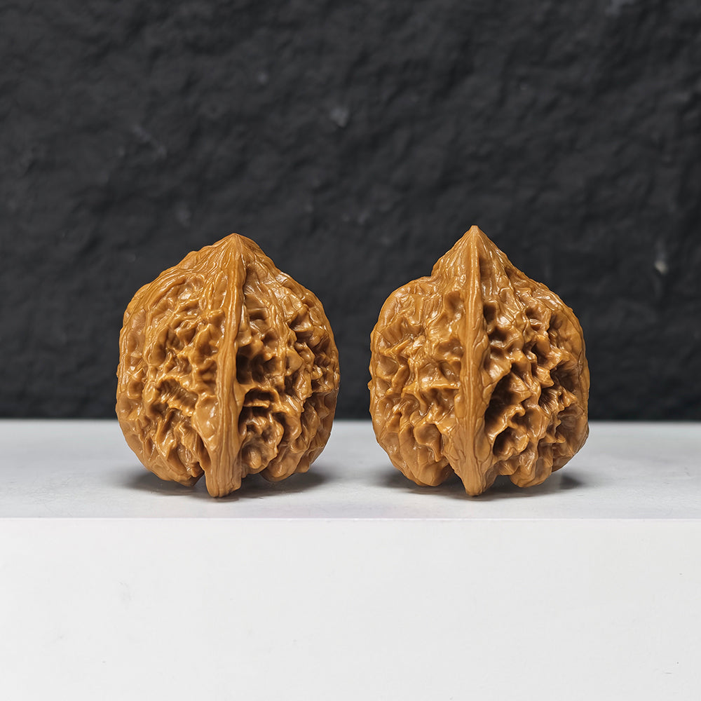 "Peach Heart Concave Base Wild Bison Lion Head" Tao Xin Ao Di Ye Niu Collector Wenwan Walnuts Pair | 38.0mm x 36.0mm | SZ-S-047971