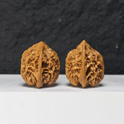 "Peach Heart Concave Base Wild Bison Lion Head" Tao Xin Ao Di Ye Niu Collector Wenwan Walnuts Pair | 38.0mm x 36.0mm | SZ-S-047971