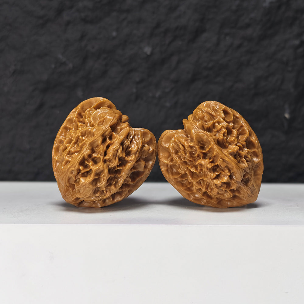 "Peach Heart Concave Base Wild Bison Lion Head" Tao Xin Ao Di Ye Niu Collector Wenwan Walnuts Pair | 38.0mm x 36.0mm | SZ-S-047971